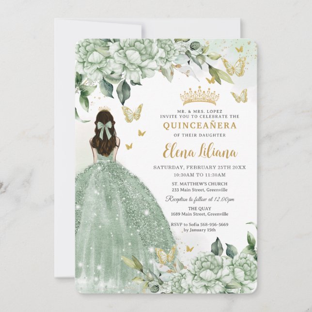 Chic Sage Green Floral Butterflies Quinceañera  Invitation (Front)