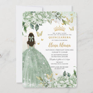 Chic Sage Green Floral Butterflies Quinceañera  Invitation