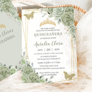 Chic Sage Green Floral Butterflies Quinceañera Invitation