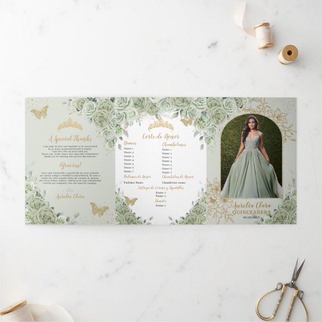 Chic Sage Green Floral Butterflies Quinceañera Tri-Fold Invitation (Outside)