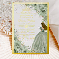 Chic Sage Green Floral Princess Gold Quinceañera