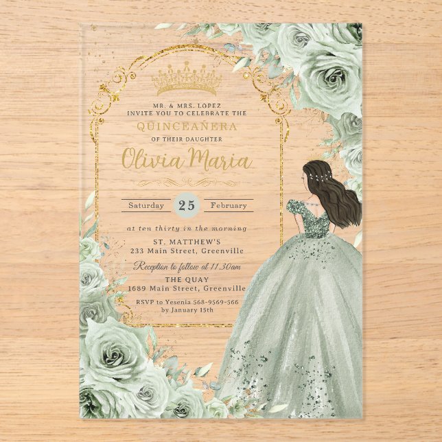 Chic Sage Green Floral Roses Princess Quinceañera  Acrylic Invitations (Front)
