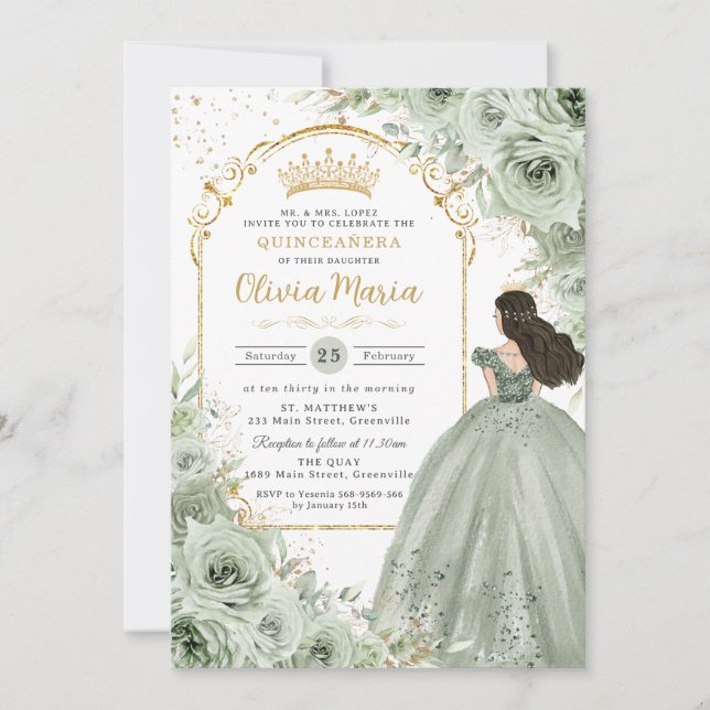 Chic Sage Green Floral Roses Princess Quinceañera  Invitation (Front)