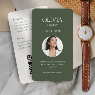 Chic Sage Green & Ivory Photo Social QR Code Business Card