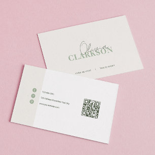 Chic Sage Green Minimalist Qr Code Business Card