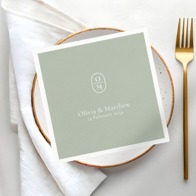 Chic Sage Green Modern Wedding Monogram Wedding Napkin (Creator Uploaded)