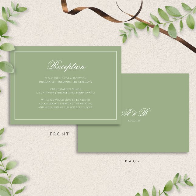 Chic Sage Green Monogram Script Wedding Reception Enclosure Card (Creator Uploaded)