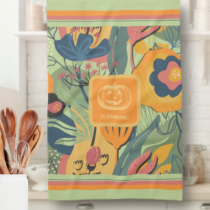 Chic Sage Green Mustard Fall Floral Pumpkin Tea Towel