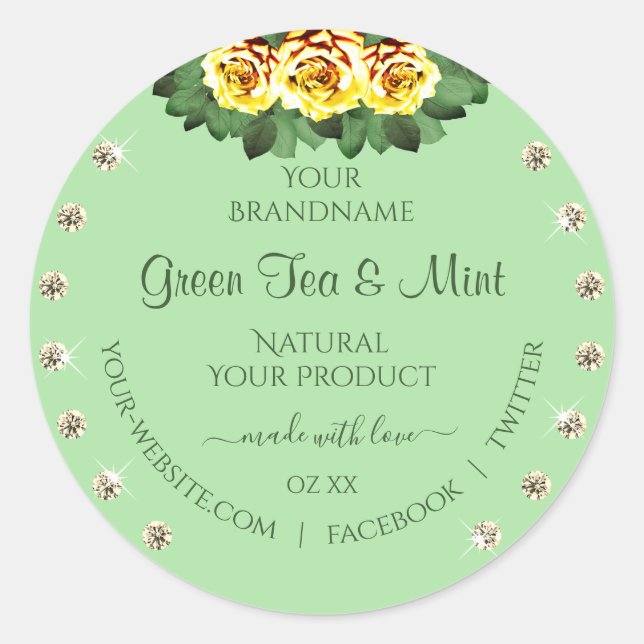 Chic Sage Green Product Labels Yellow Roses Jewels (Front)