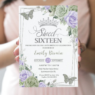 Chic Sage Green Purple Floral Butterflies Sweet 16 Invitation
