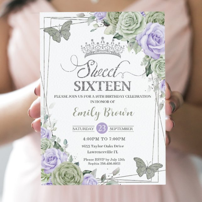 Chic Sage Green Purple Floral Butterflies Sweet 16 Invitation (Creator Uploaded)