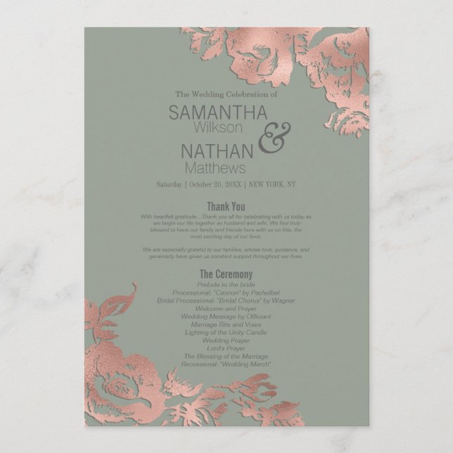 Chic Sage Green Rose Gold Floral Wedding Programme (Front)