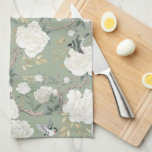 Chic Sage Green White Chinoiserie Floral Porcelain Tea Towel<br><div class="desc">Beautiful chinoiserie-inspired design featuring soft ivory white peony flowers and elegant birds set against a luxurious sage green background</div>