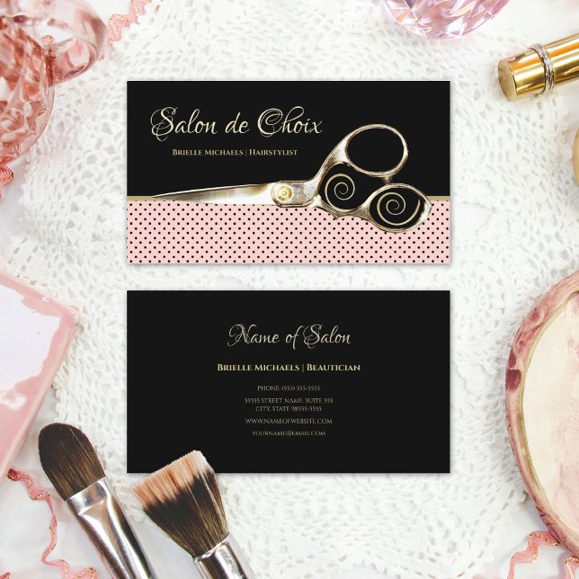 Chic Salon Pink and Black Polka Dots Gold Scissors Business Card (Chic Salon Pink and Black Polka Dots Gold Scissors Business Cards)