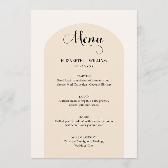 Chic Sand Beige Arch Frame Script Wedding Menu (Front)