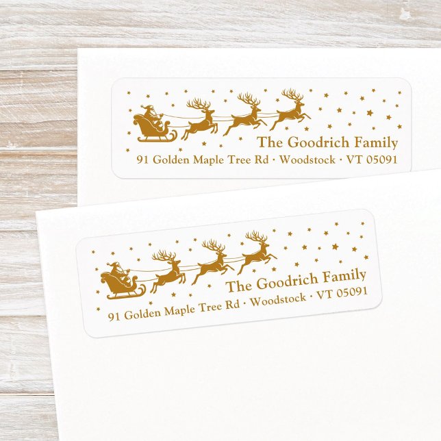 Chic Santa's Sleigh Gold Christmas Return Address (Festive, antique gold Santa's reindeer sleigh in a starry sky Christmas return address label.)