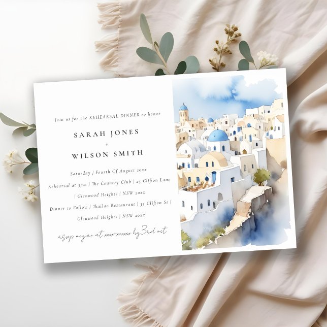 Chic Santorini Greece Watercolor Rehearsal Dinner Invitation (Creator Uploaded)