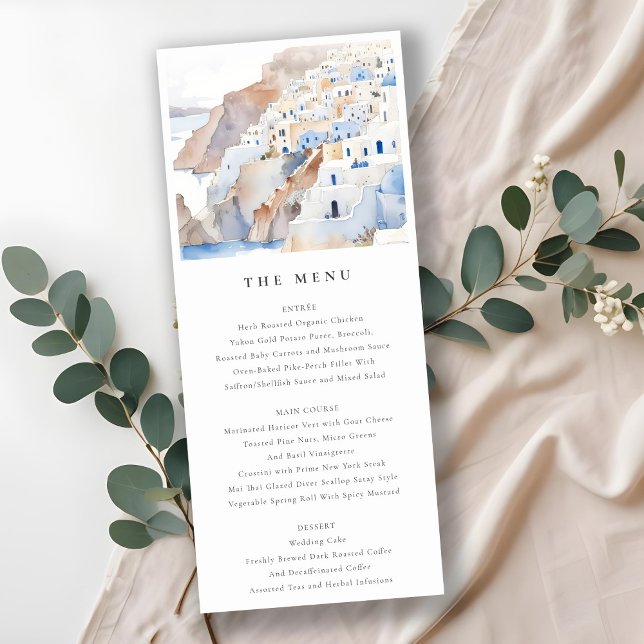 Chic Santorini Greece Watercolor Wedding Menu Card (Creator Uploaded)