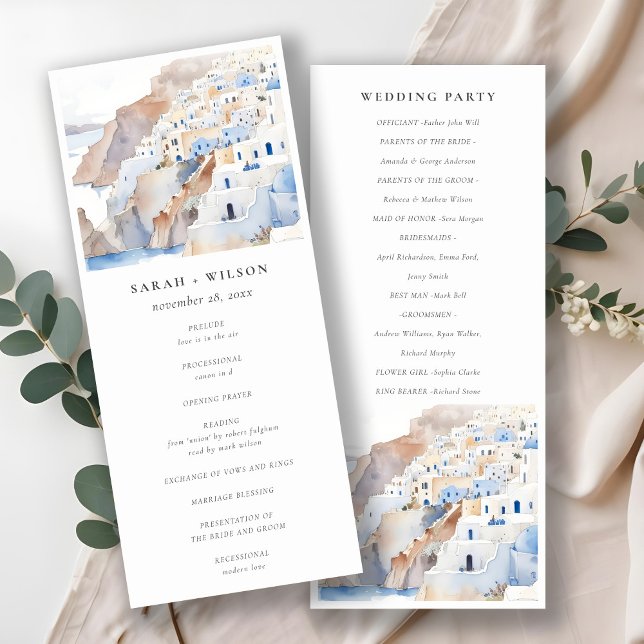 Chic Santorini Greece Watercolor Wedding Program Invitation (Creator Uploaded)