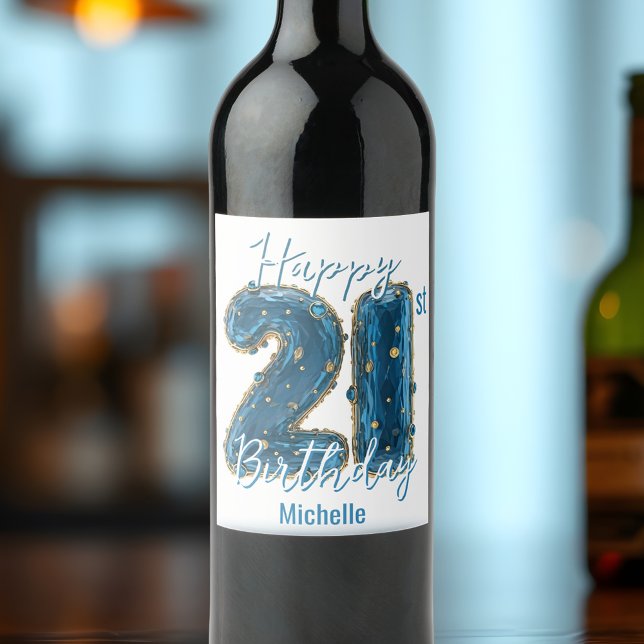 Chic Sapphire Blue and Gold 21st Birthday  Wine Label (Creator Uploaded)