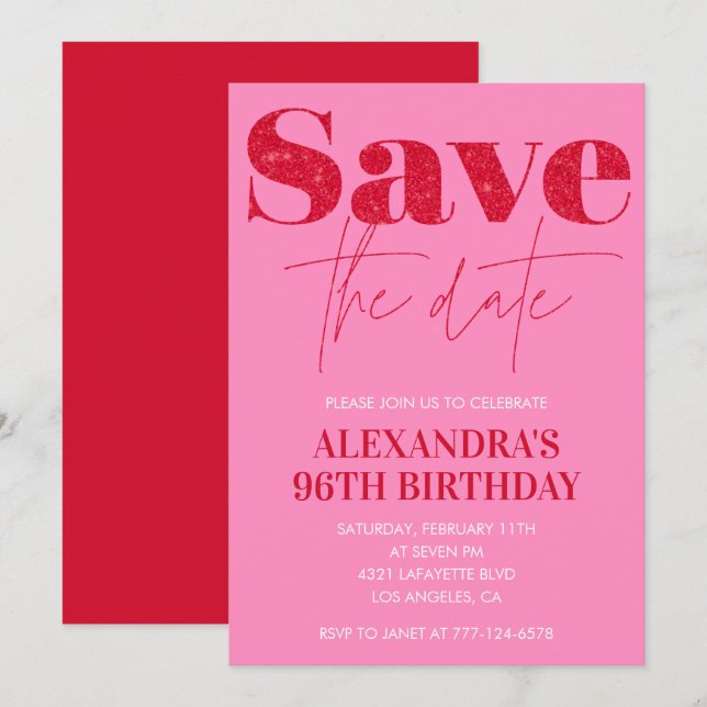 Chic Save the date Red Pink 96th birthday Invitation (Front/Back)