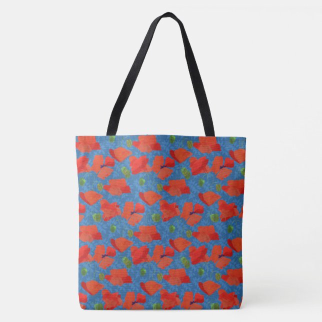Chic Scarlet Field Poppies Floral Pattern on Blue Tote Bag (Front)