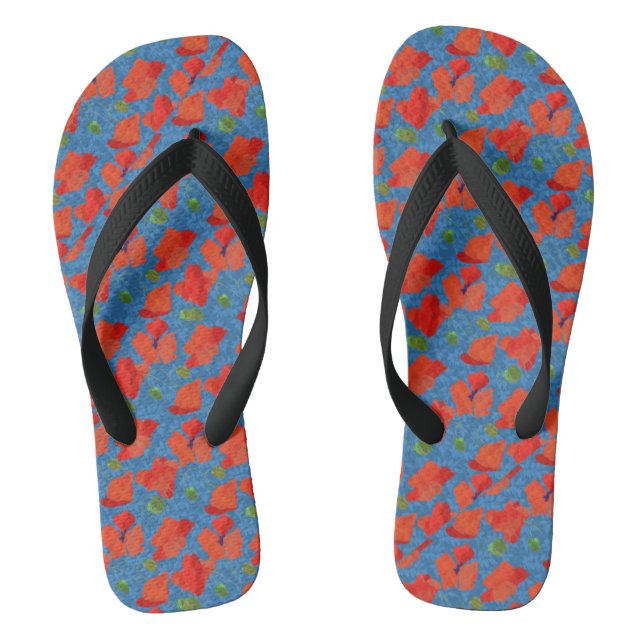 Chic Scarlet Field Poppies on Blue Background Jandals (Footbed)