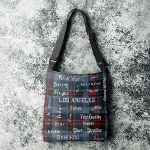 chic scottish blue red tartan plaid & mega cities crossbody bag