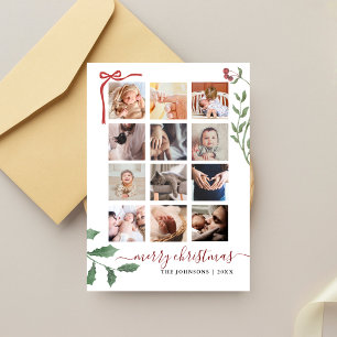 Chic Script 12 Photo Collage Botanical Christmas  Holiday Card