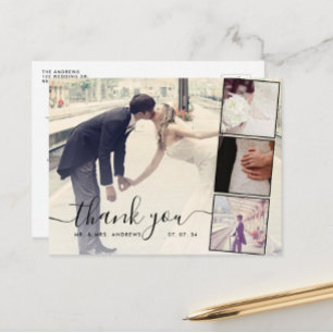 Chic Script 4 Photos Collage Wedding Thank You Postcard