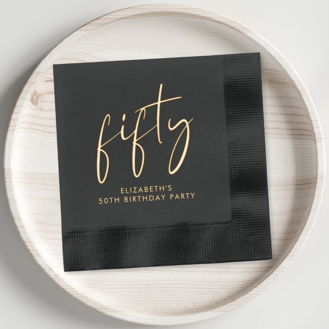 Chic Script 50th Birthday Party Foil Napkins (Elevate your 50th birthday party decor with these chic and elegant foil stamped napkins)