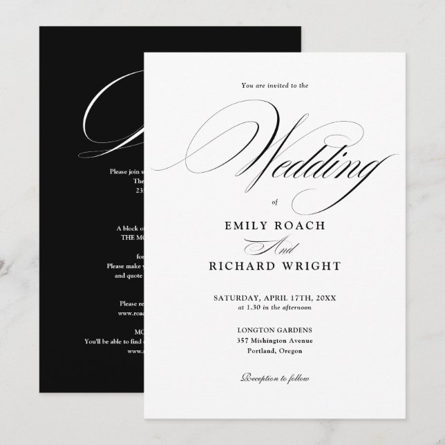 Chic Script All In One Black And White Wedding Invitation (Front/Back)