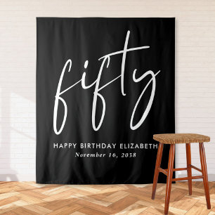 Chic Script Black 50th Birthday Party Tapestry
