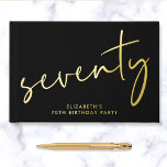Chic Script Black 70th Birthday Party Guest Book<br><div class="desc">Elegant black guestbook for her 70th birthday party featuring real gold foil,  "seventy" in a large chic script and her name in modern typography. Personalise the title on the spine and change the foil colour to silver or rose gold if desired.</div>