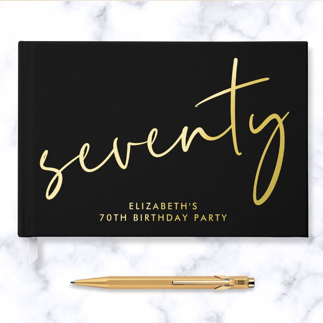 Chic Script Black 70th Birthday Party Guest Book (Creator Uploaded)