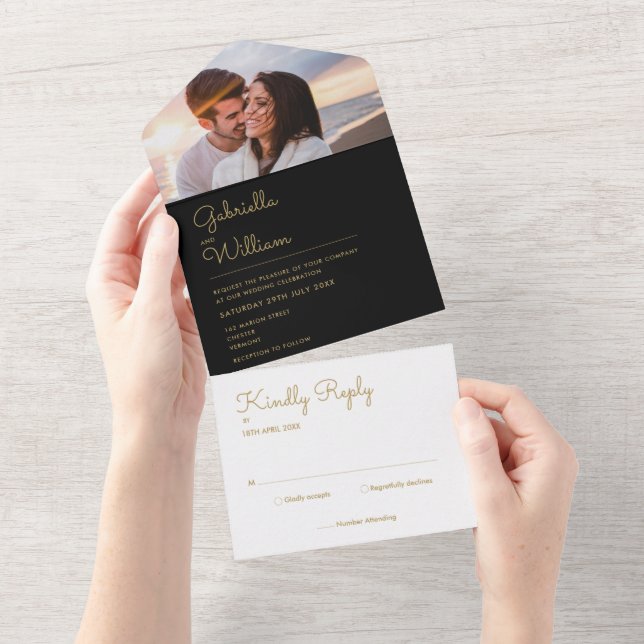 Chic Script Black And Gold Monogram Photo Wedding All In One Invitation (Tearaway)
