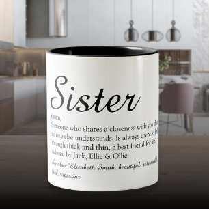Chic Script Black and White Cool Sister Definition Two-Tone Coffee Mug