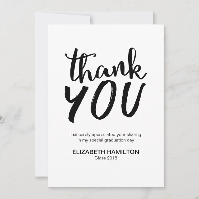 Chic Script Black and White Graduation Thank You Card (Front)