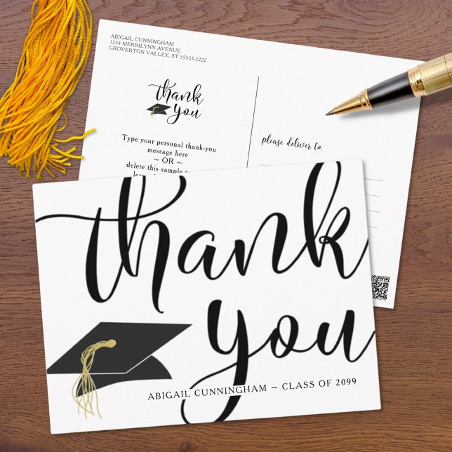 Chic Script Black and White Graduation Thank You Postcard (Creator Uploaded)