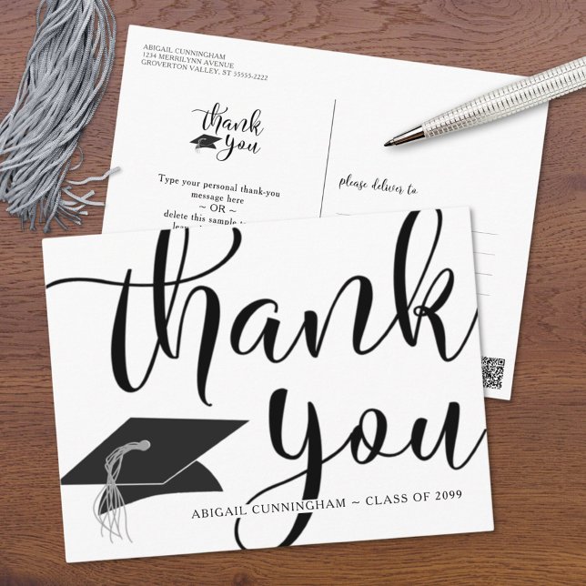 Chic Script Black and White Graduation Thank You Postcard (Creator Uploaded)