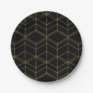 Chic Script Black & Foil Gold Geometric Pattern Paper Plate