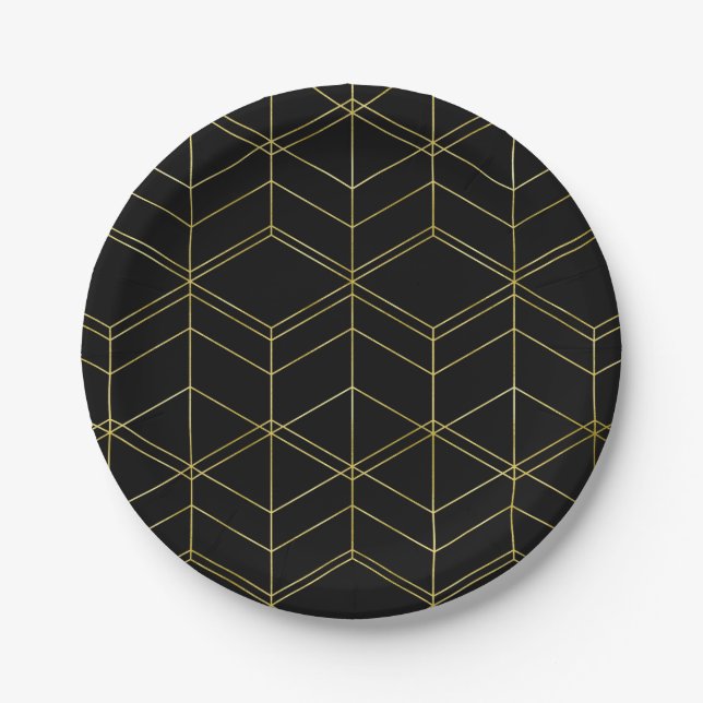 Chic Script Black & Foil Gold Geometric Pattern Paper Plate (Front)