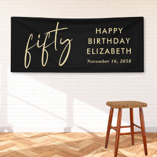 Chic Script Black Gold 50th Birthday Party Banner