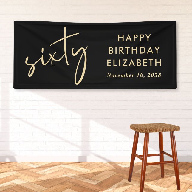 Chic Script Black Gold 60th Birthday Party Banner (Creator Uploaded)