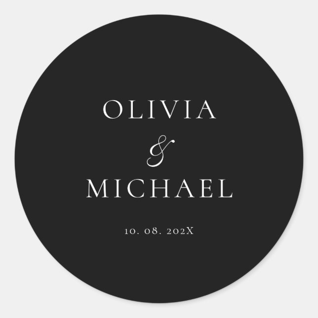 Chic Script Black Minimalist Wedding Classic Round Sticker (Front)
