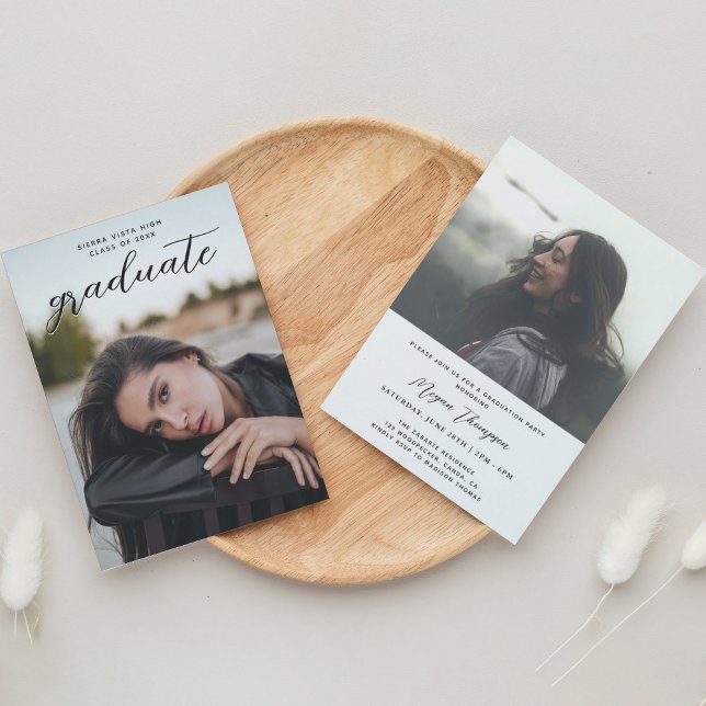 Chic Script Black Two Photo Graduation Party Invitation (Creator Uploaded)