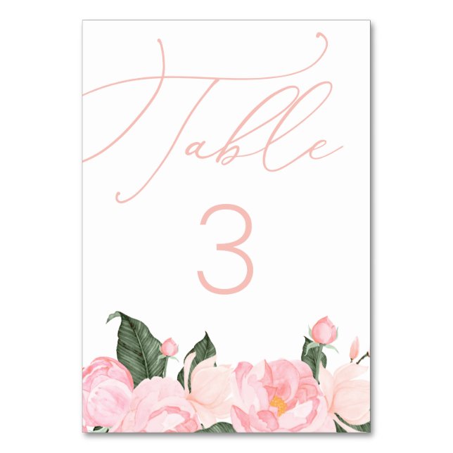 Chic Script Blush Pink Floral Baby Shower Table Number (Front)