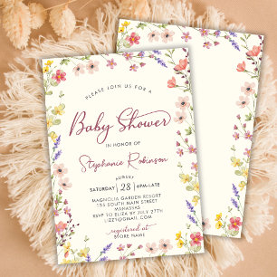 Chic Script Boho Wildflower Girl Baby Shower Invitation