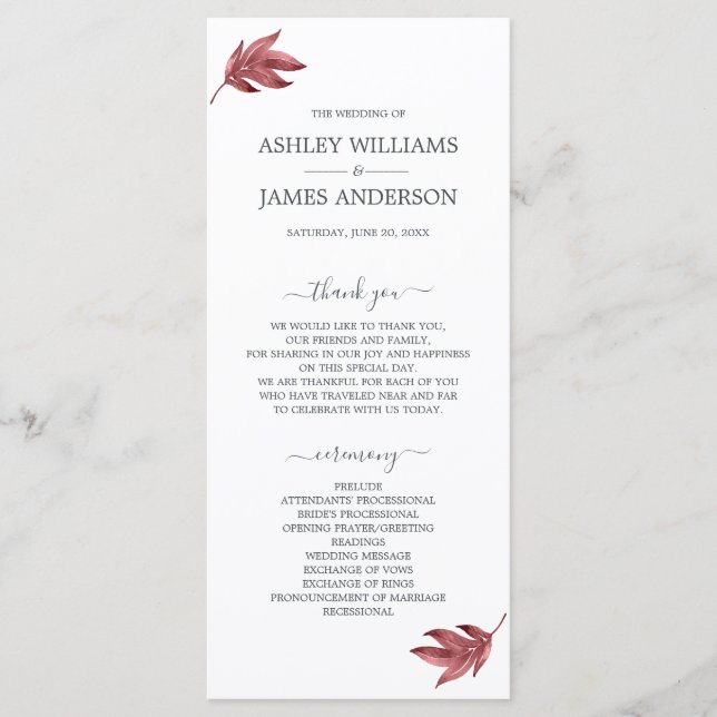 Chic Script Burgundy Leaf Minimal Wedding Programme (Front)