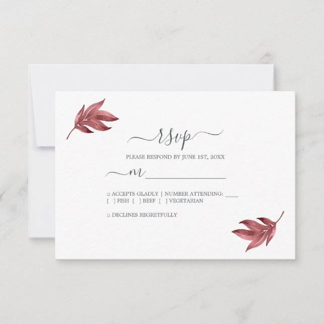 Chic Script Burgundy Leaf Minimal Wedding RSVP Card (Front)